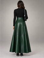 Women's Faux Leather Maxi Skirt – High Waist A-Line in Green — back view