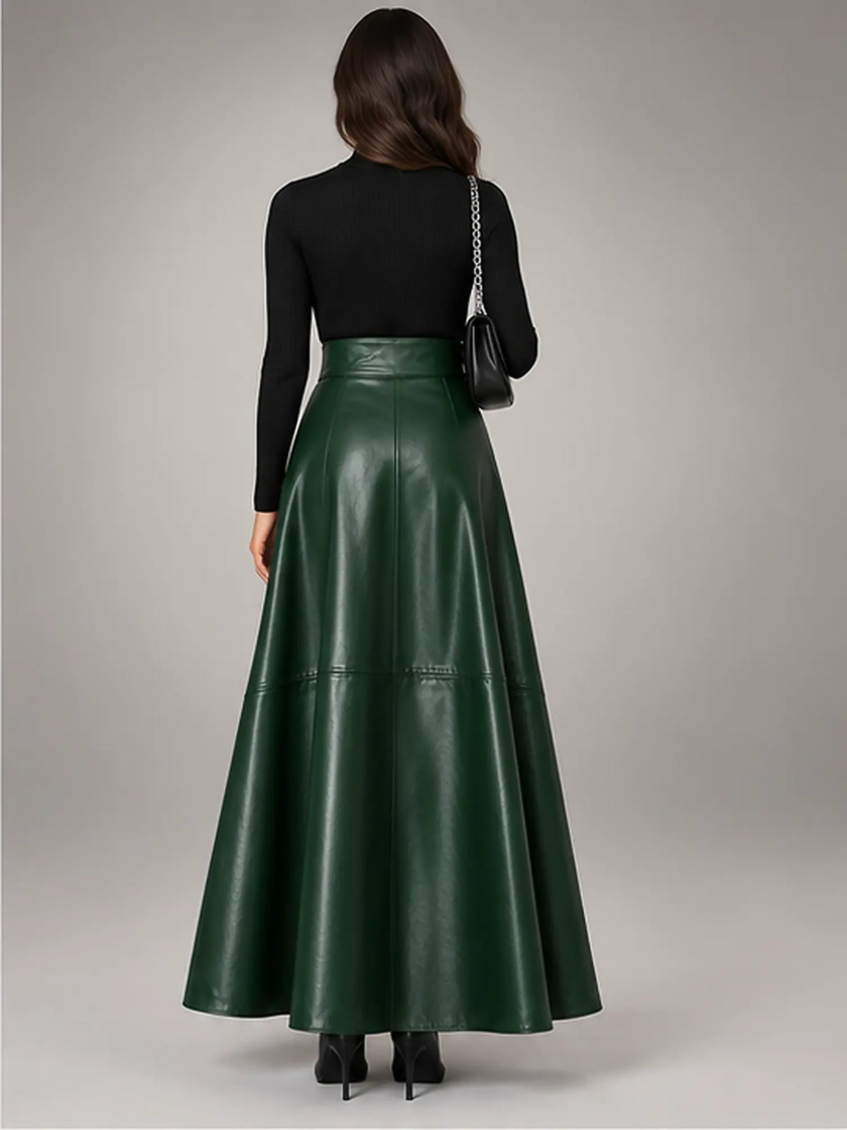 Women's Faux Leather Maxi Skirt – High Waist A-Line in Green — back view