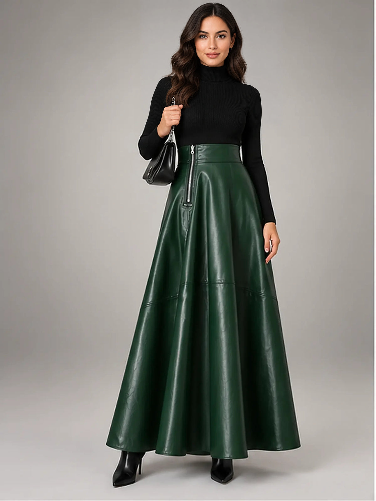 Women's Faux Leather Maxi Skirt – High Waist A-Line in Green — front view