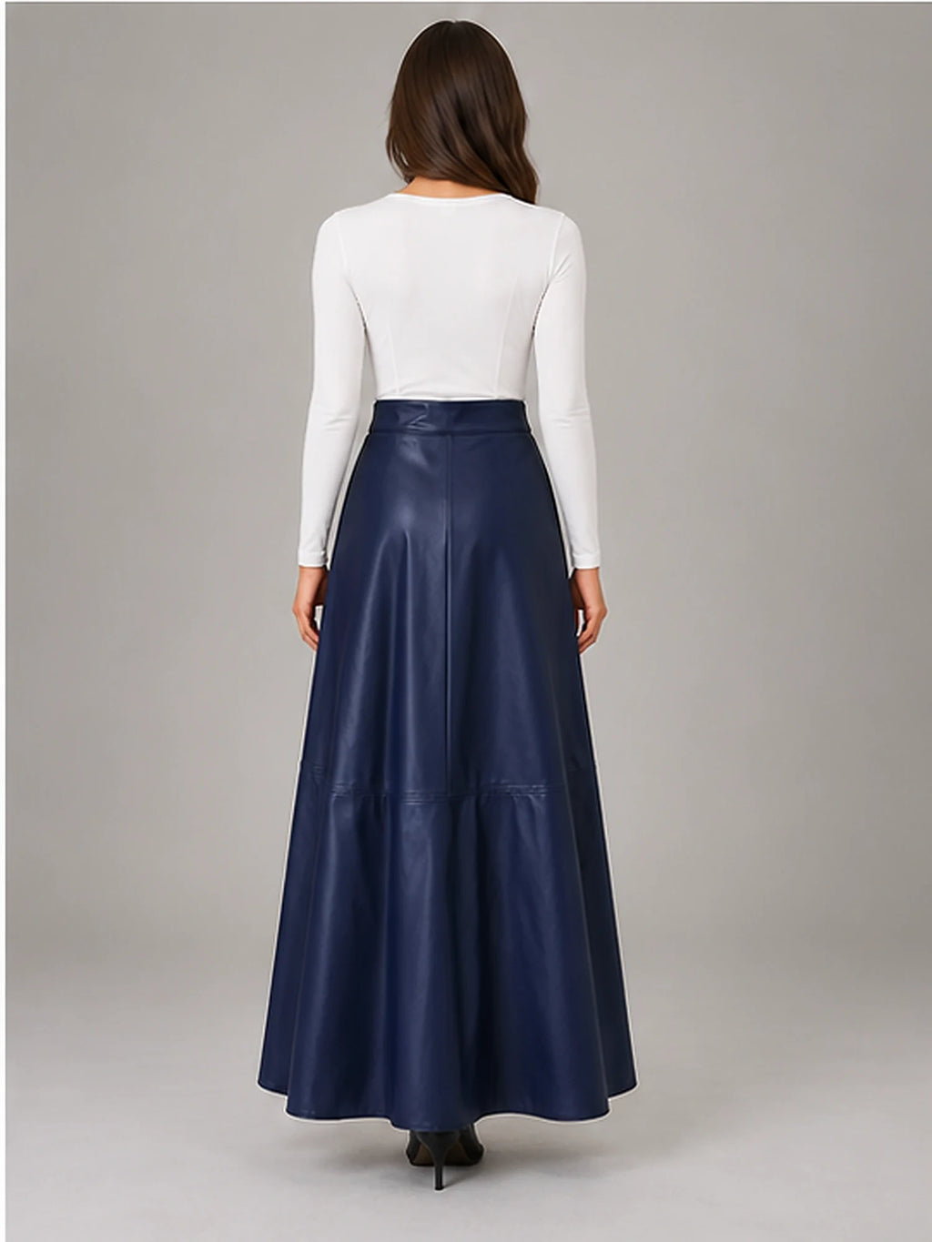 Women's Faux Leather Maxi Skirt – High Waist A-Line in Navy — back view