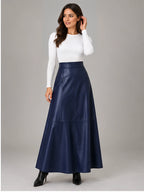 Women's Faux Leather Maxi Skirt – High Waist A-Line in Navy — alternate view