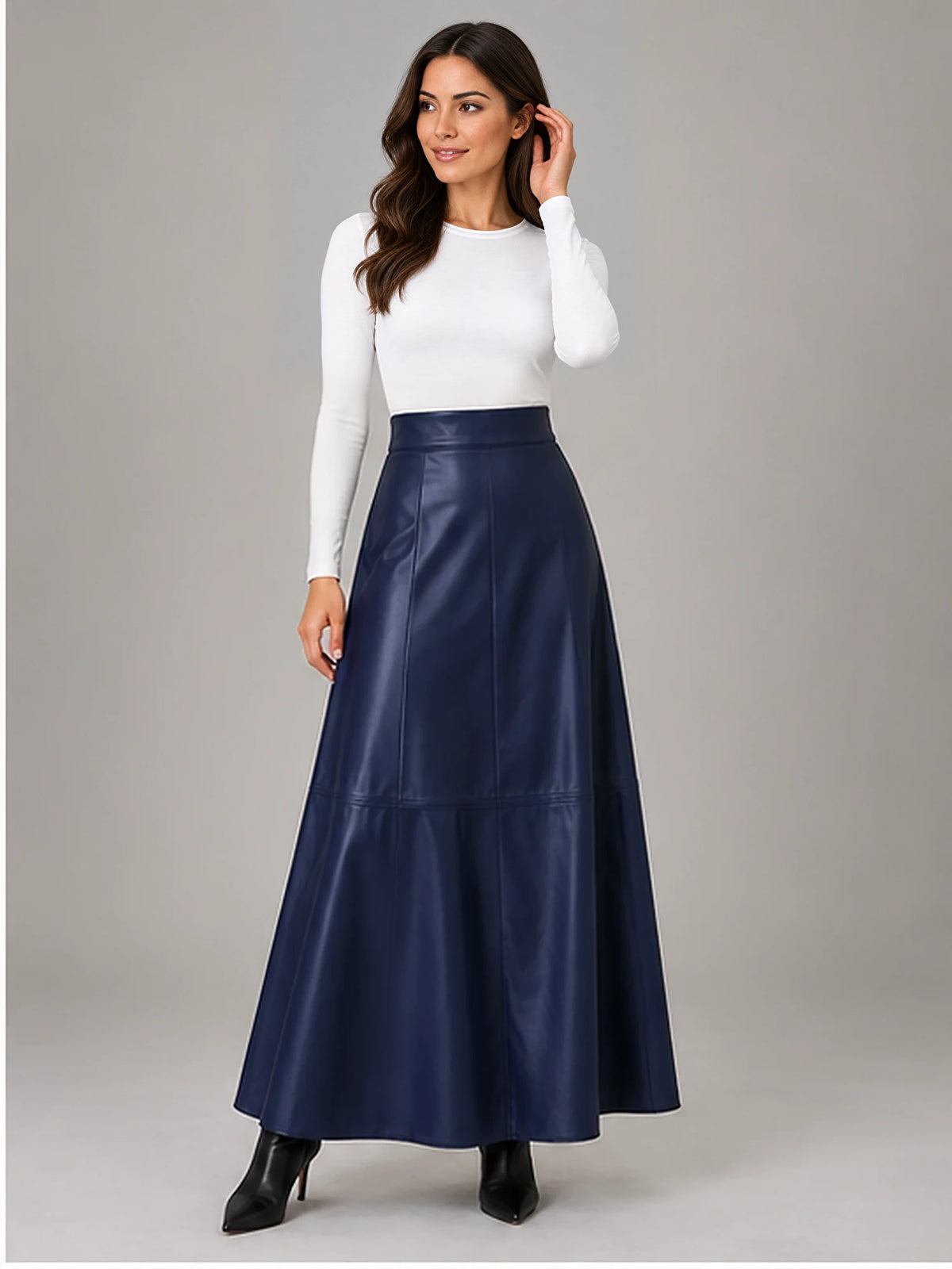 Women's Faux Leather Maxi Skirt – High Waist A-Line in Navy — alternate view