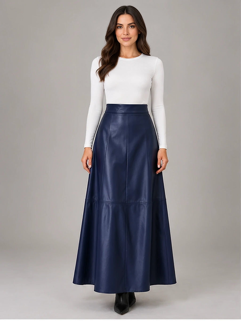 Women's Faux Leather Maxi Skirt – High Waist A-Line in Navy — front view