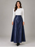 Women's Faux Leather Maxi Skirt – High Waist A-Line in Navy — front view