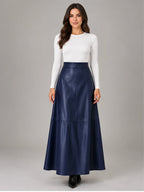Women's Faux Leather Maxi Skirt – High Waist A-Line in Navy — front view