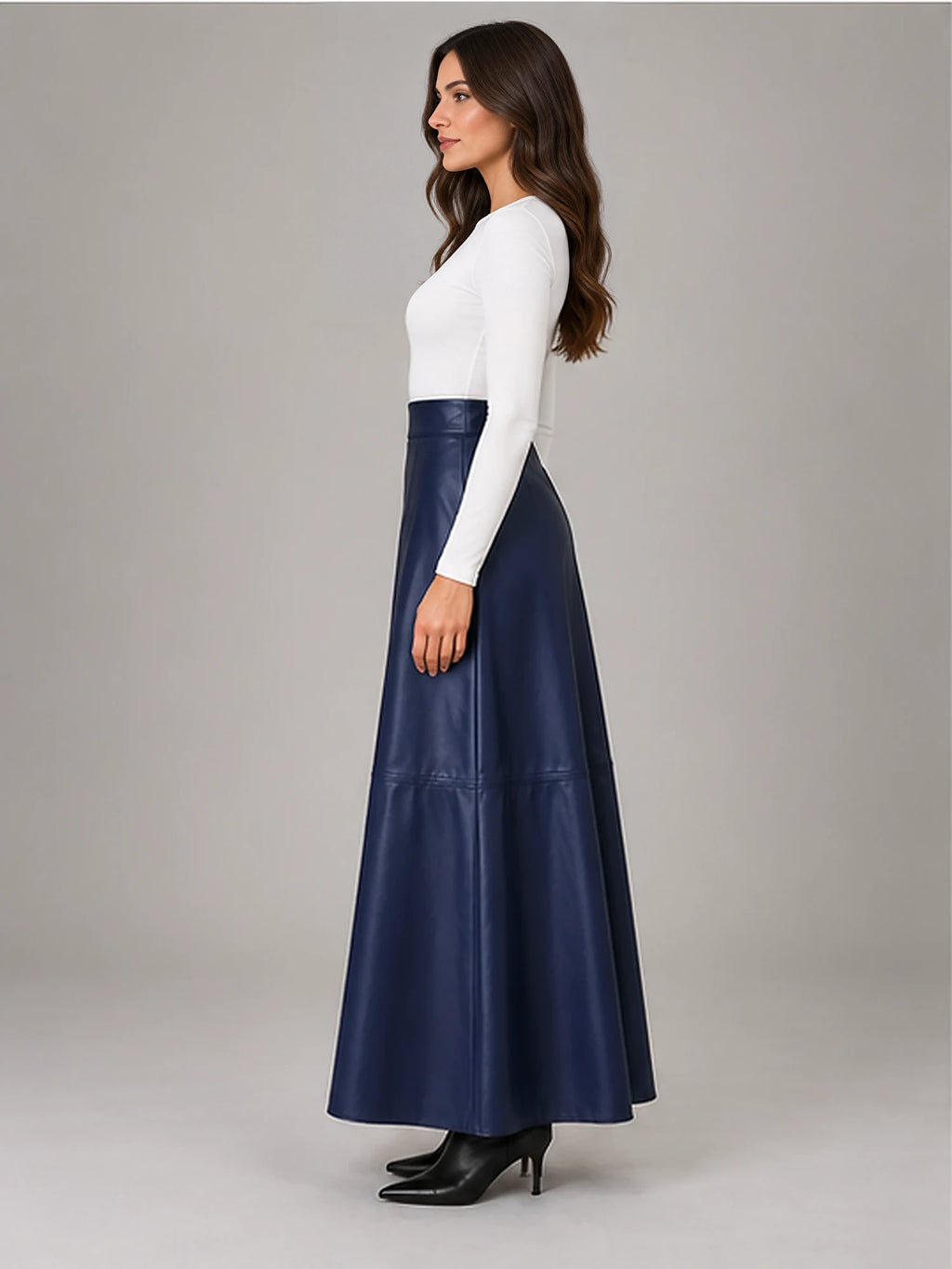 Women's Faux Leather Maxi Skirt – High Waist A-Line in Navy — side view