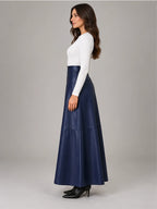 Women's Faux Leather Maxi Skirt – High Waist A-Line in Navy — side view