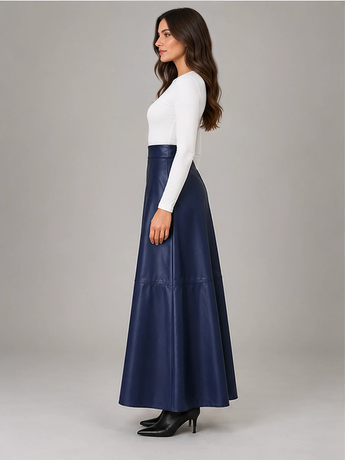 Women's Faux Leather Maxi Skirt – High Waist A-Line in Navy — side view