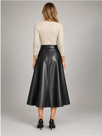 Women's Faux Leather Skirt – Belted A-Line Midi in Black — back view