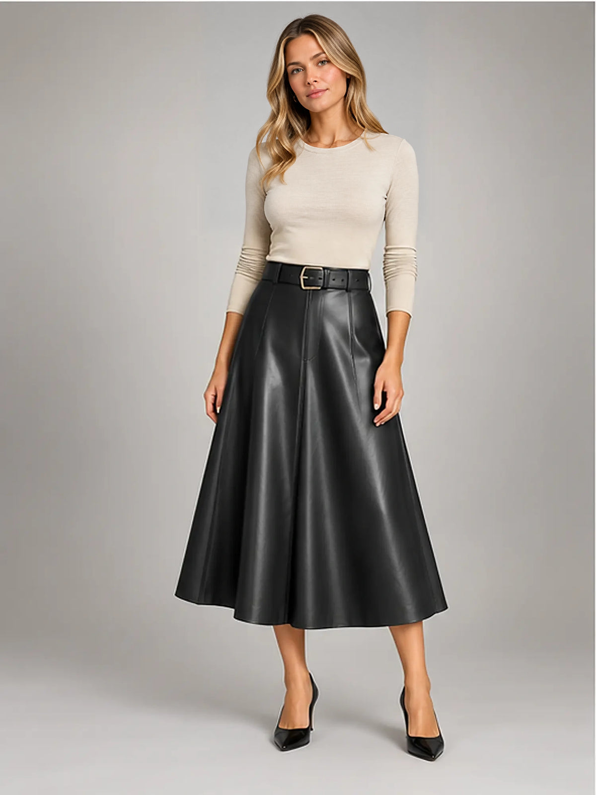 Women's Faux Leather Skirt – Belted A-Line Midi in Black — front view