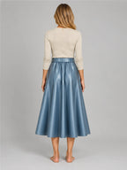 Women's Faux Leather Skirt – Belted A-Line Midi in Blue — back view