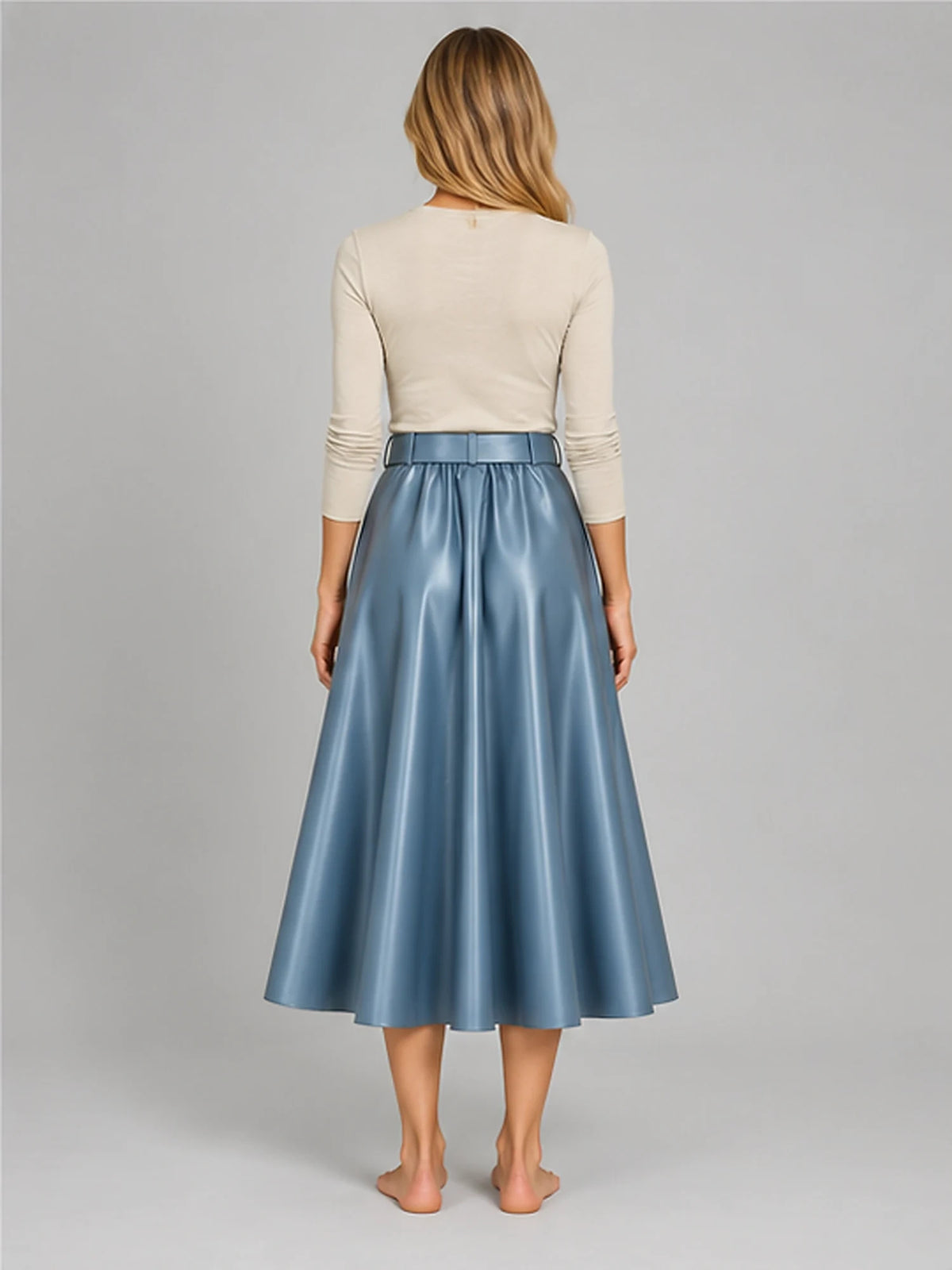 Women's Faux Leather Skirt – Belted A-Line Midi in Blue — back view