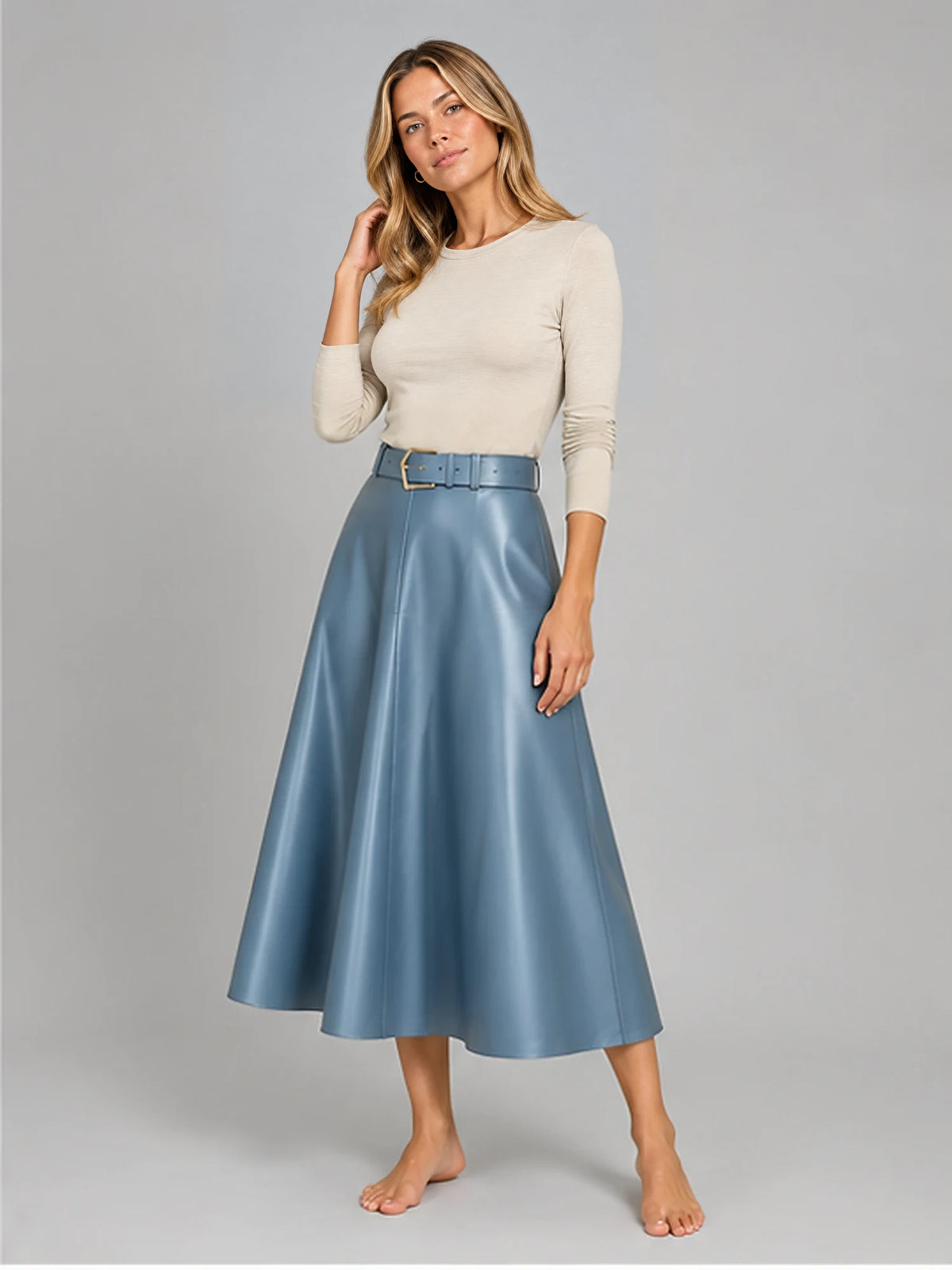 Women's Faux Leather Skirt – Belted A-Line Midi in Blue — alternate view