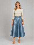 Women's Faux Leather Skirt – Belted A-Line Midi in Blue — front view