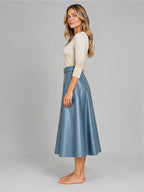 Women's Faux Leather Skirt – Belted A-Line Midi in Blue — side view