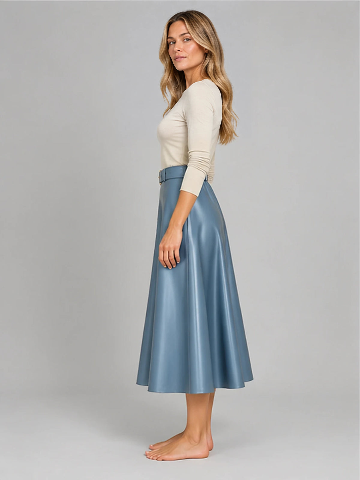 Women's Faux Leather Skirt – Belted A-Line Midi in Blue — side view