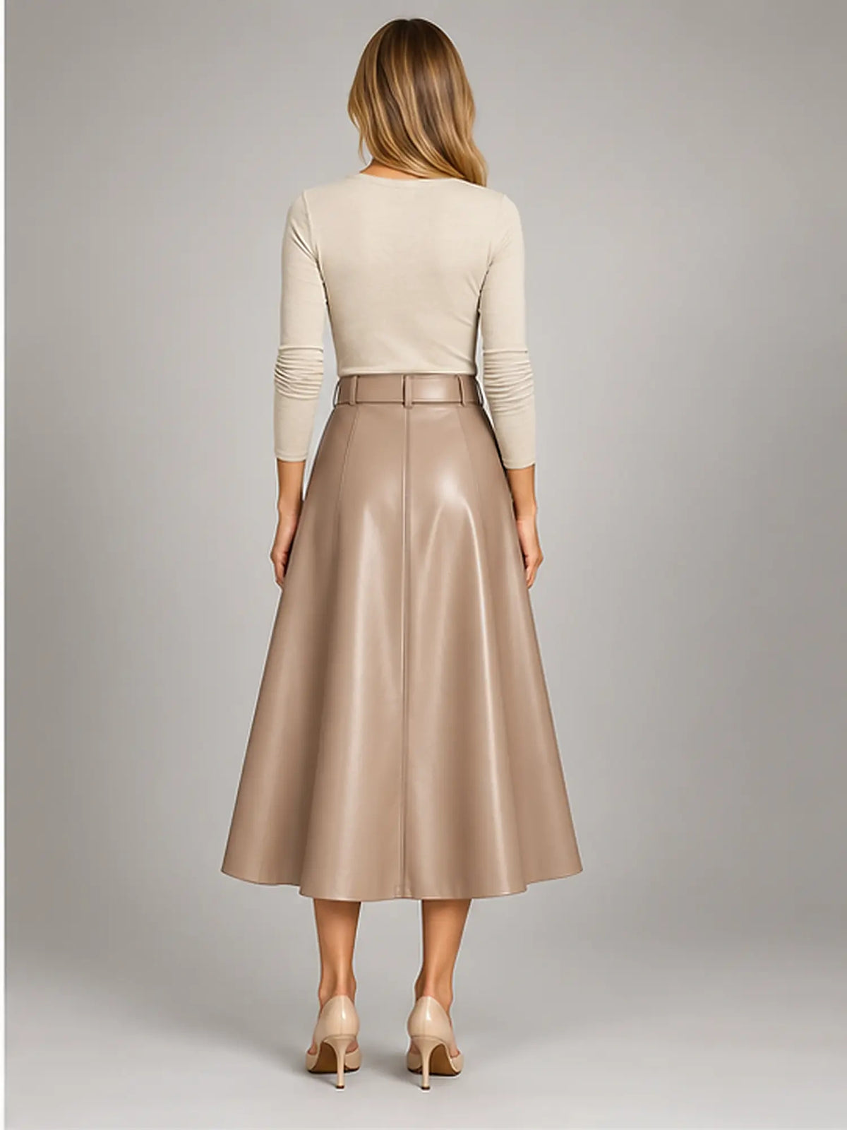 Women's Faux Leather Skirt – Belted A-Line Midi in Khaki — back view