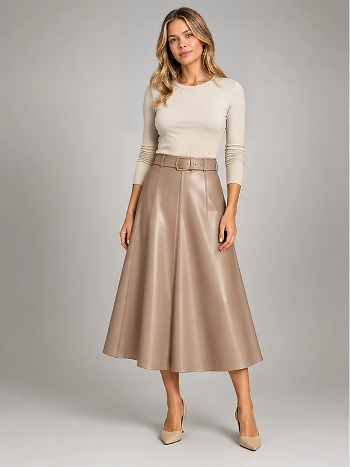Women's Faux Leather Skirt – Belted A-Line Midi in Khaki — front view
