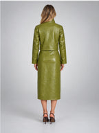 Women's Faux Leather Skirt Suit – Cropped Jacket and Midi Skirt in Green — back view
