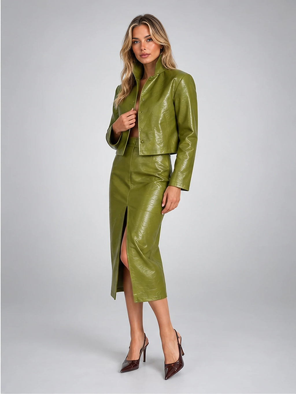 Women's Faux Leather Skirt Suit – Cropped Jacket and Midi Skirt in Green — alternate view