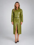 Women's Faux Leather Skirt Suit – Cropped Jacket and Midi Skirt in Green — front view