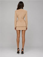 Women's Faux Leather Skirt Suit – Fitted Longline Blazer in Khaki — back view