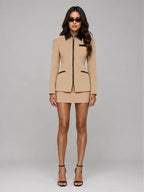 Women's Faux Leather Skirt Suit – Fitted Longline Blazer in Khaki — front view