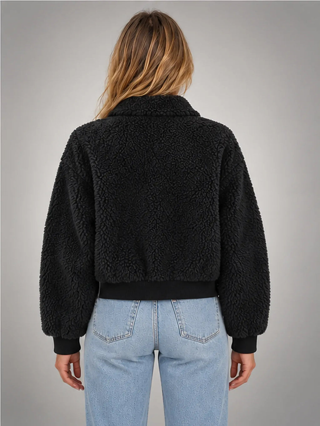 Women's Faux-Shearling Jacket – Cropped Quilted Zip-Up in Black — back view