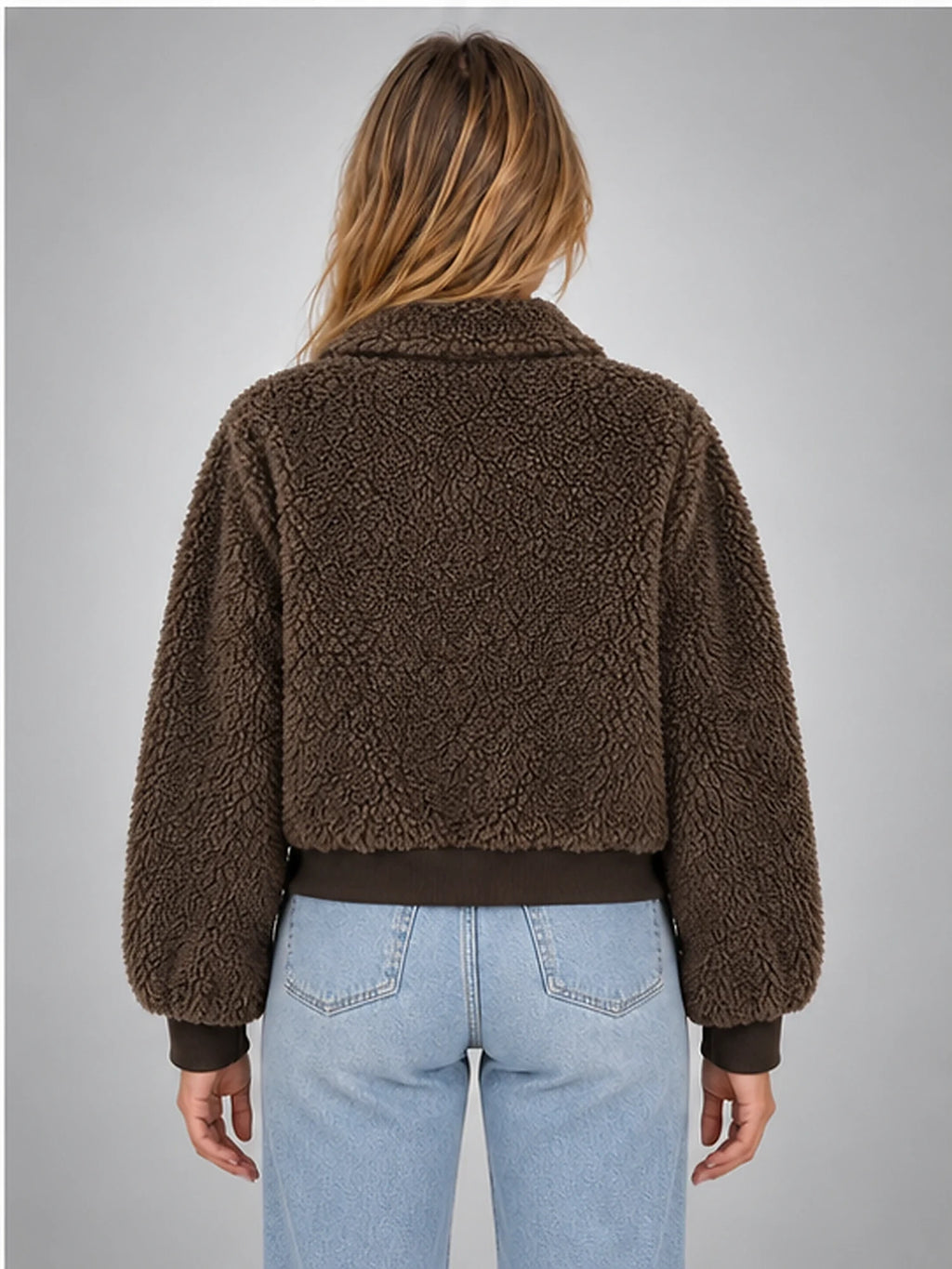 Women's Faux-Shearling Jacket – Cropped Quilted Zip-Up in Brown — back view