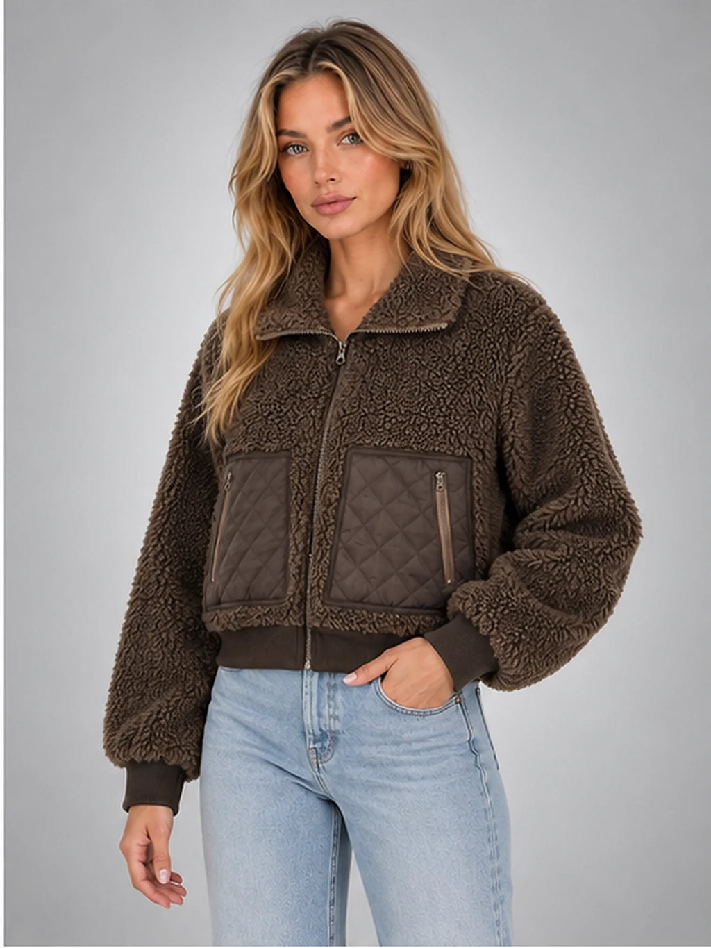 Women's Faux-Shearling Jacket – Cropped Quilted Zip-Up in Brown — alternate view
