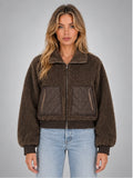 Women's Faux-Shearling Jacket – Cropped Quilted Zip-Up in Brown — front view
