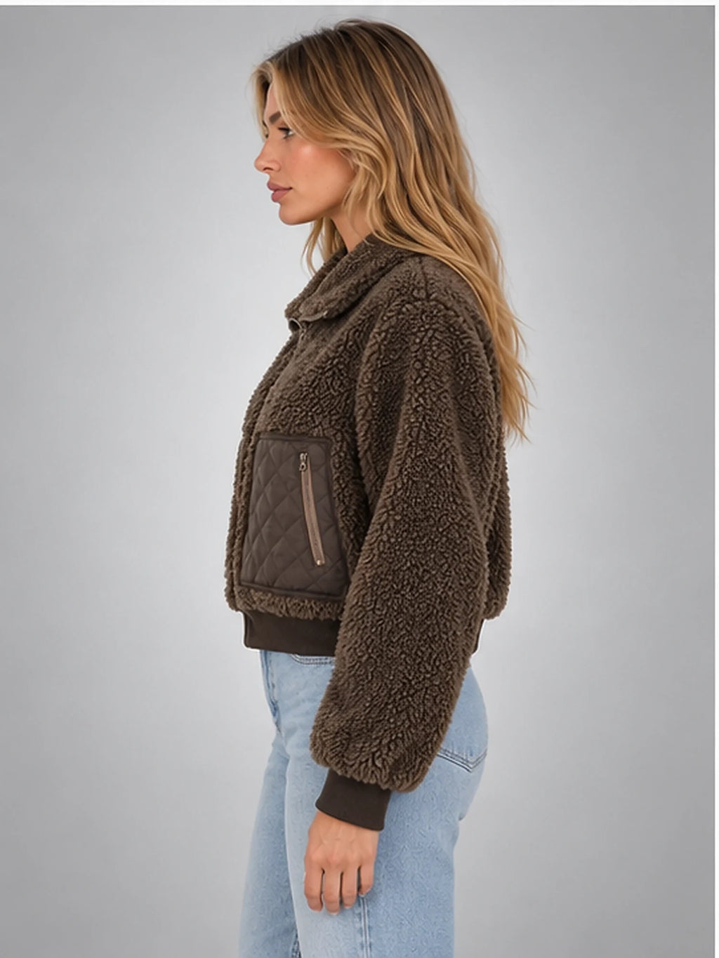 Women's Faux-Shearling Jacket – Cropped Quilted Zip-Up in Brown — side view