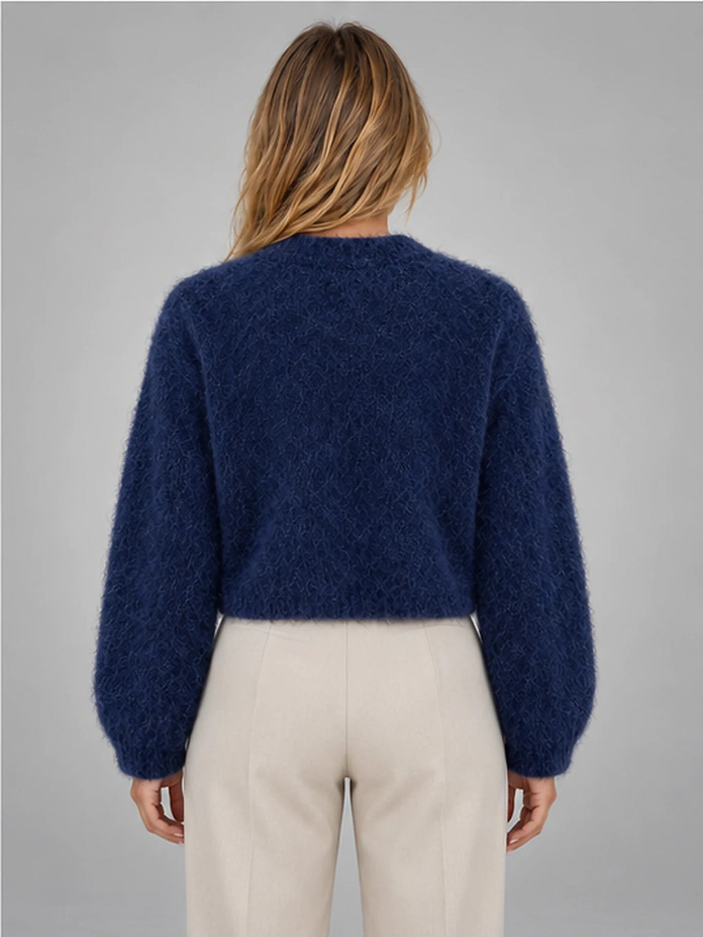 Women's Fuzzy Cropped Cardigan – Button-Front Knit in Blue — back view