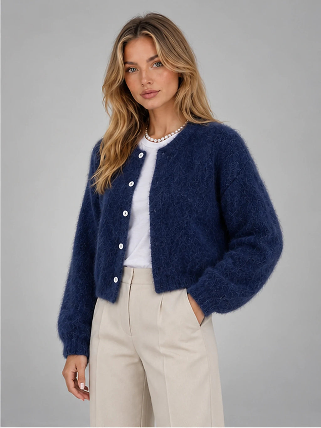 Women's Fuzzy Cropped Cardigan – Button-Front Knit in Blue — alternate view