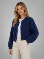 Women's Fuzzy Cropped Cardigan – Button-Front Knit in Blue — alternate view