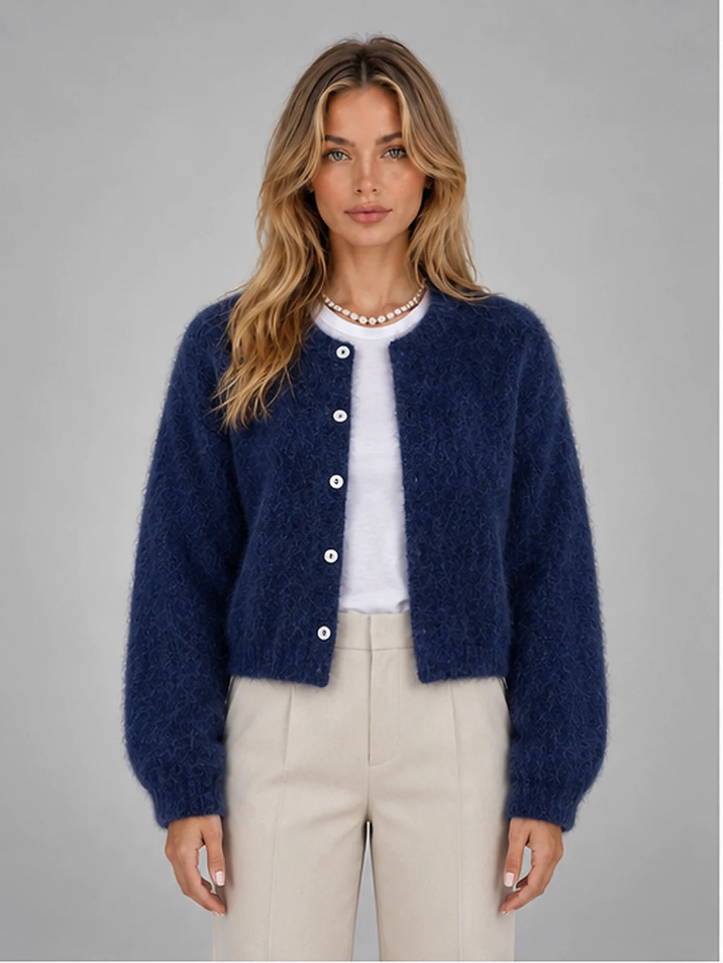 Women's Fuzzy Cropped Cardigan – Button-Front Knit in Blue — front view