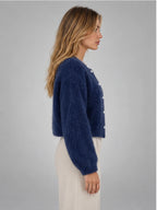 Women's Fuzzy Cropped Cardigan – Button-Front Knit in Blue — side view