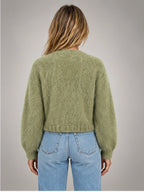 Women's Fuzzy Cropped Cardigan – Button-Front Knit in Green — back view