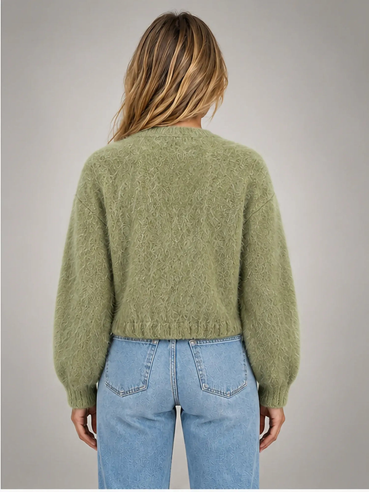 Women's Fuzzy Cropped Cardigan – Button-Front Knit in Green — back view