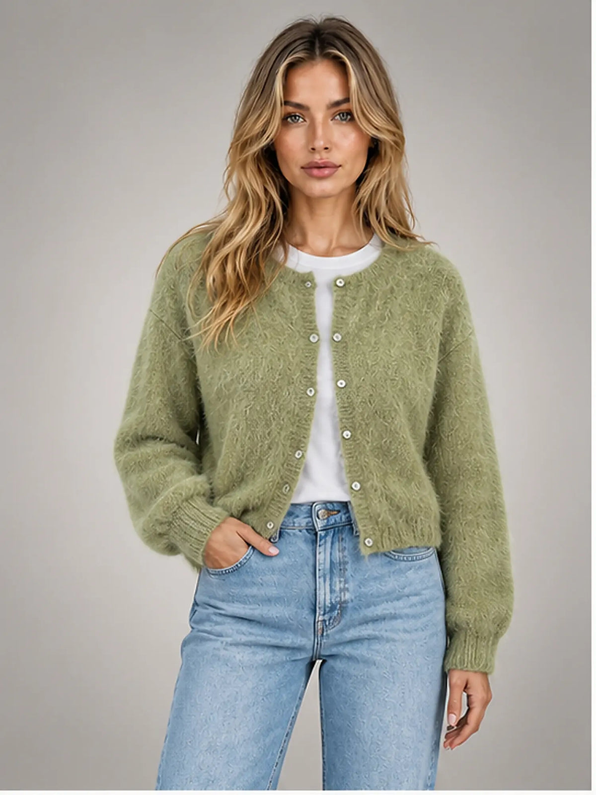 Women's Fuzzy Cropped Cardigan – Button-Front Knit in Green — front view