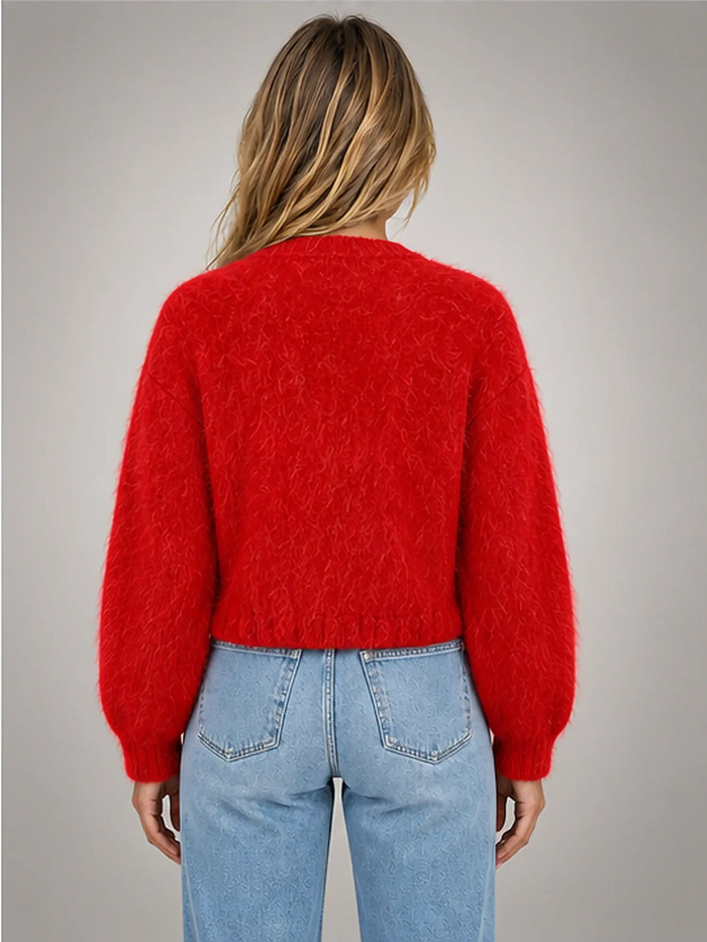Women's Fuzzy Cropped Cardigan – Button-Front Knit in Red — back view