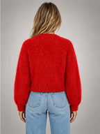 Women's Fuzzy Cropped Cardigan – Button-Front Knit in Red — back view