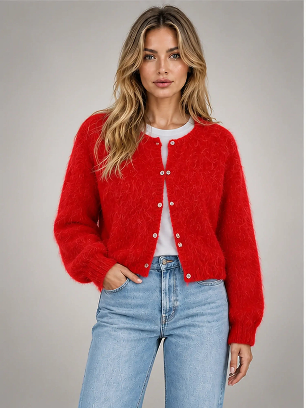 Women's Fuzzy Cropped Cardigan – Button-Front Knit in Red — front view