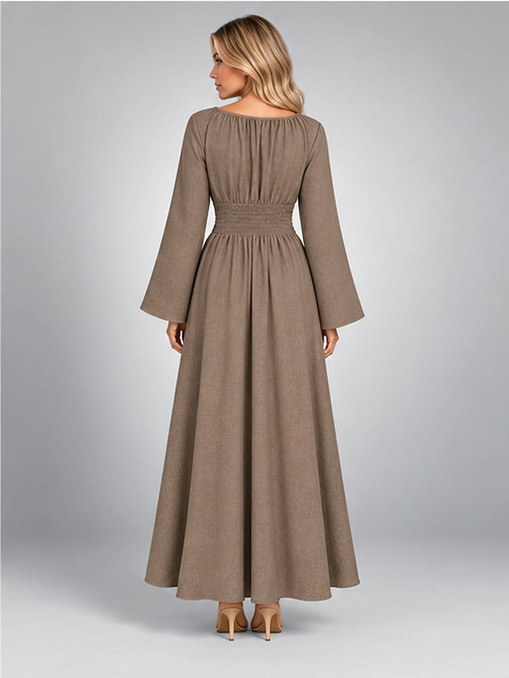 Women's Gathered-Waist Midi Dress – Long Sleeve in Taupe — back view