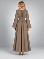 Women's Gathered-Waist Midi Dress – Long Sleeve in Taupe — back view