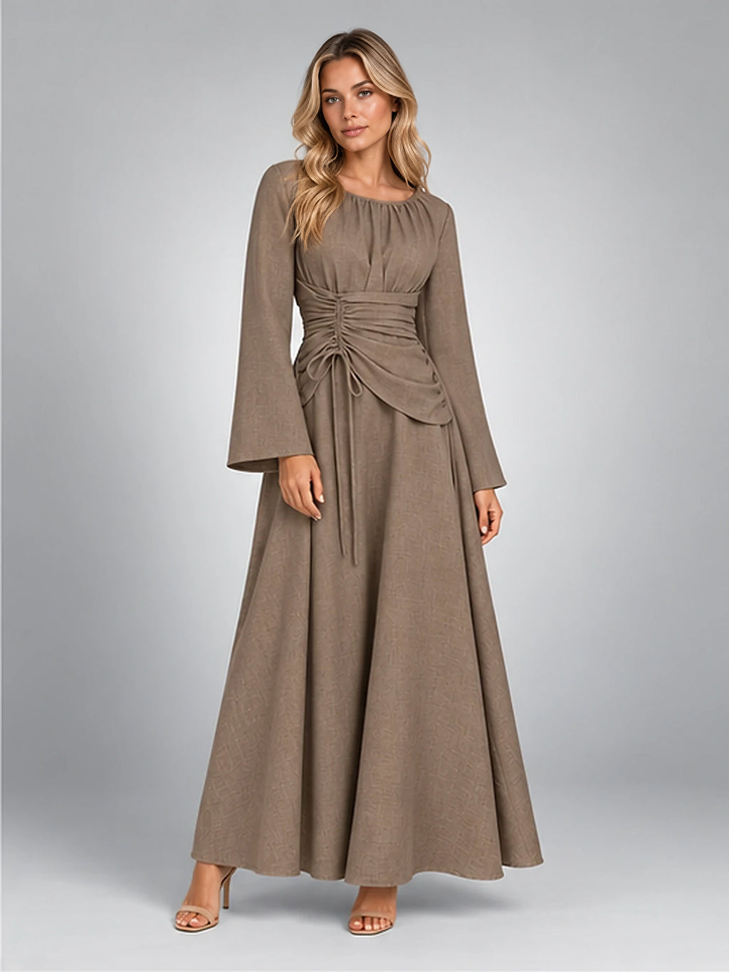 Women's Gathered-Waist Midi Dress – Long Sleeve in Taupe — alternate view