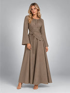 Women's Gathered-Waist Midi Dress – Long Sleeve in Taupe — alternate view