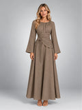 Women's Gathered-Waist Midi Dress – Long Sleeve in Taupe — front view