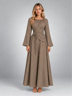 Women's Gathered-Waist Midi Dress – Long Sleeve in Taupe — front view