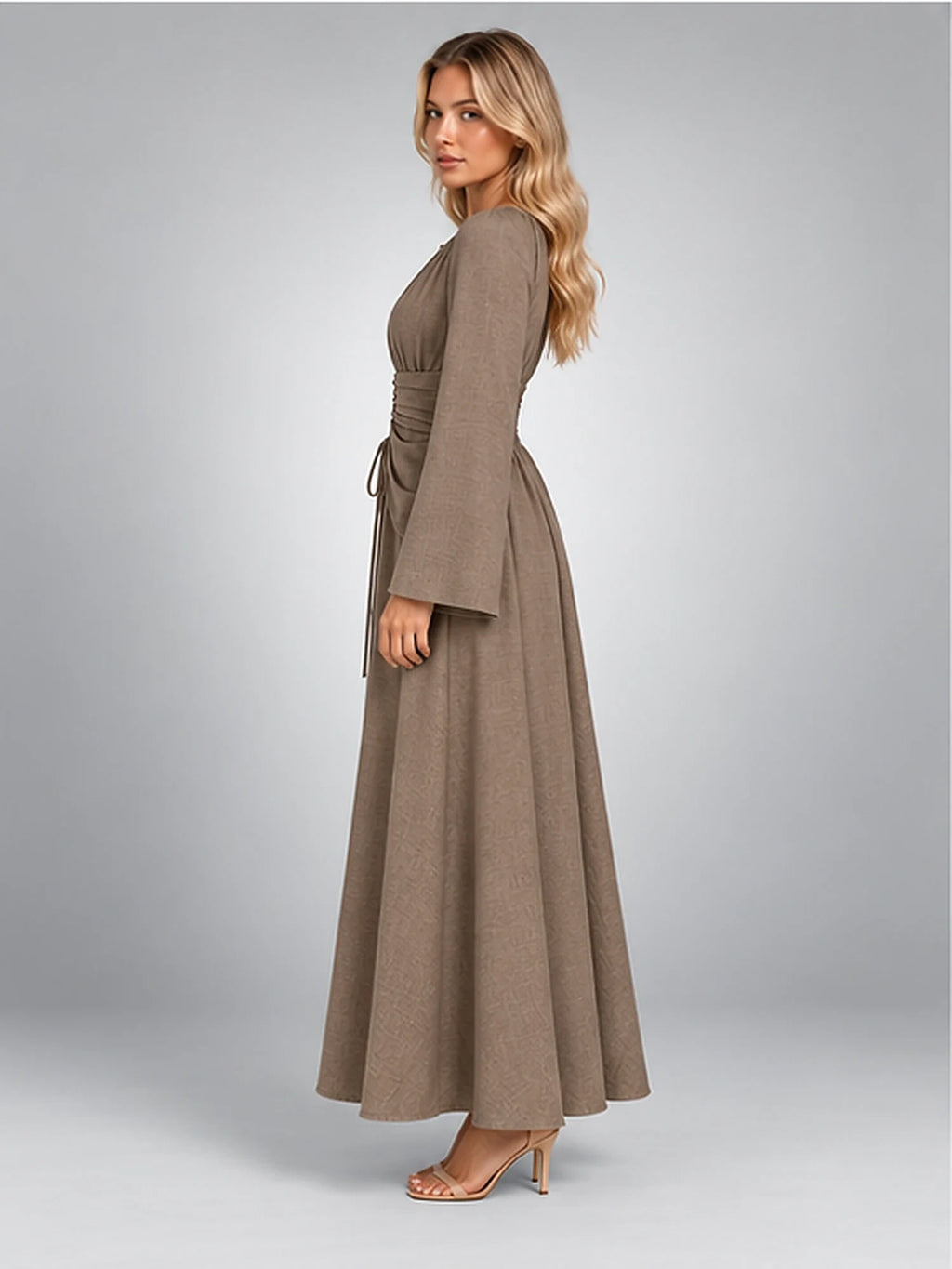 Women's Gathered-Waist Midi Dress – Long Sleeve in Taupe — side view